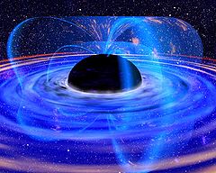 Egy fekete lyuk krli forr plazmbl ll akkrcis korong mvszi brzolsa. A kp kzepn lev stt gmb a fekete lyuk esemnyhorizontja, ekrl kering az akkrcis korong. Az esemnyhorizont plusbl kiindul fnyes nylvnyok mgneses ervonalak. (NASA)