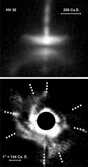 Korongok fiatal csillagok krl. Fent: a Taurus molekulafelhben tallhat, HH30 nev fiatal csillag a Hubble-rtvcs felvteln (Burrows et al., 1996 437); lent: Az AB Aur kzepes tmeg csillag korongjrl kzeli-infravrs hullmhosszakon ksztett felvtel (Fukagawa et al., 2004 L53.)